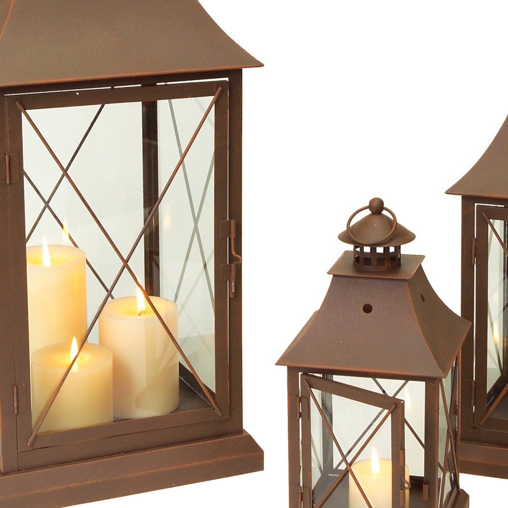 Set of Three Brown Lattice Glass and Metal Floor Lantern Candle Holders