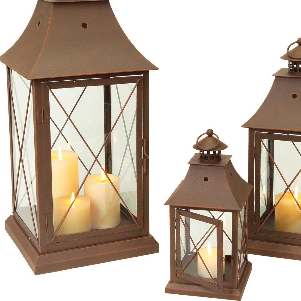 Set of Three Brown Lattice Glass and Metal Floor Lantern Candle Holders