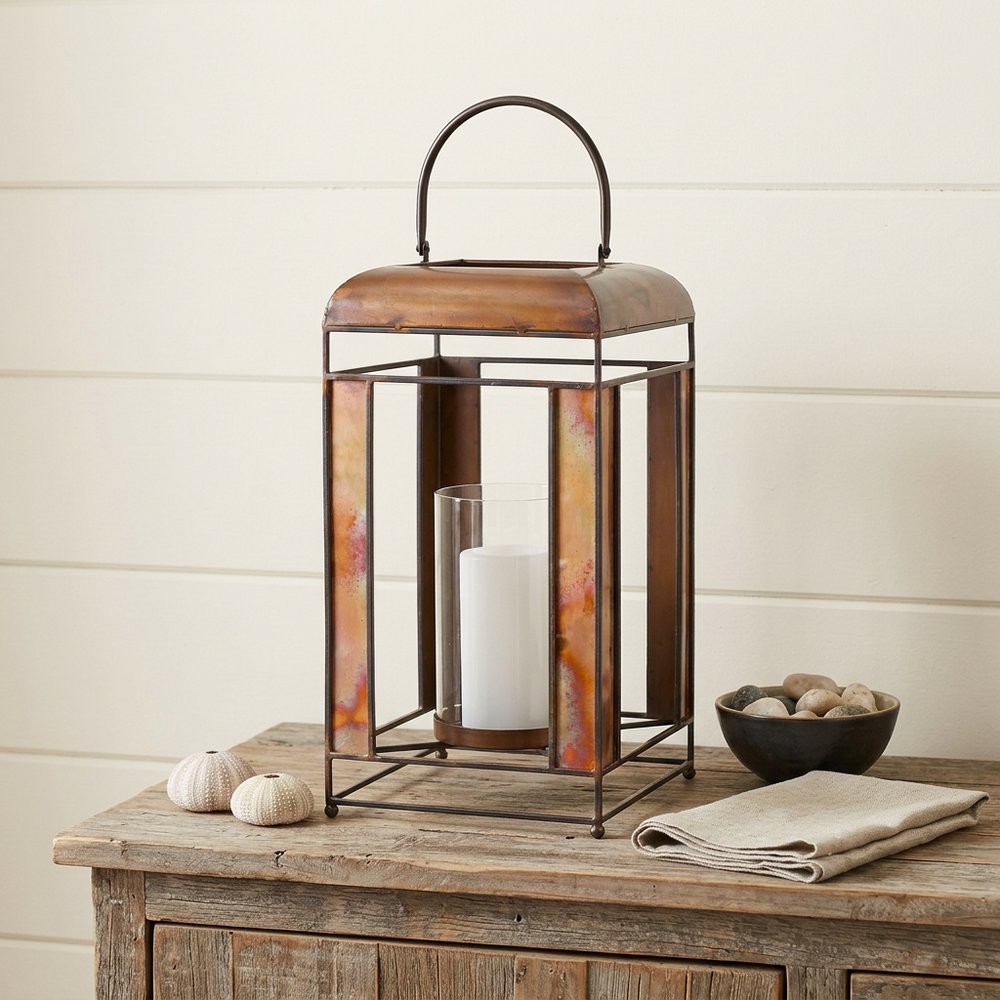 17" Bronze Distressed Metal Lantern Candle Holder