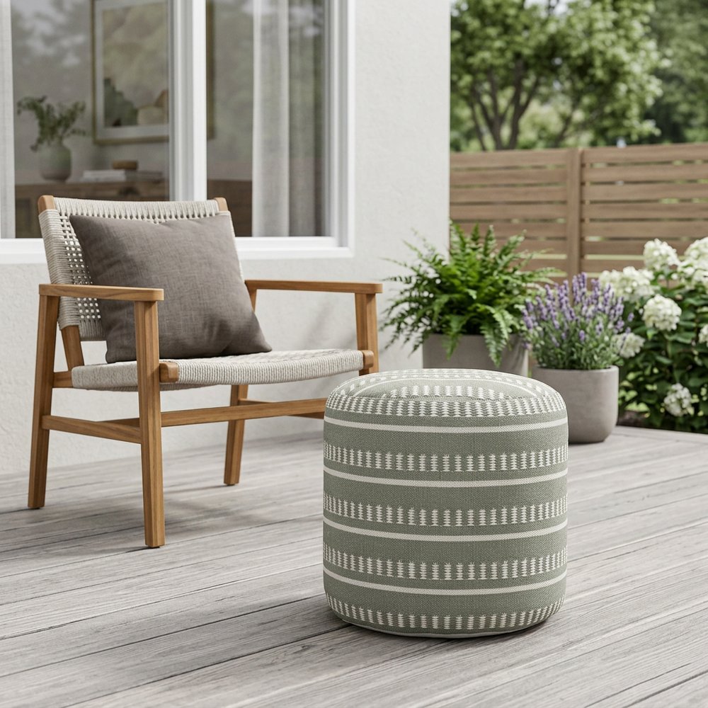 20" Round Striped Outdoor Pouf Ottoman