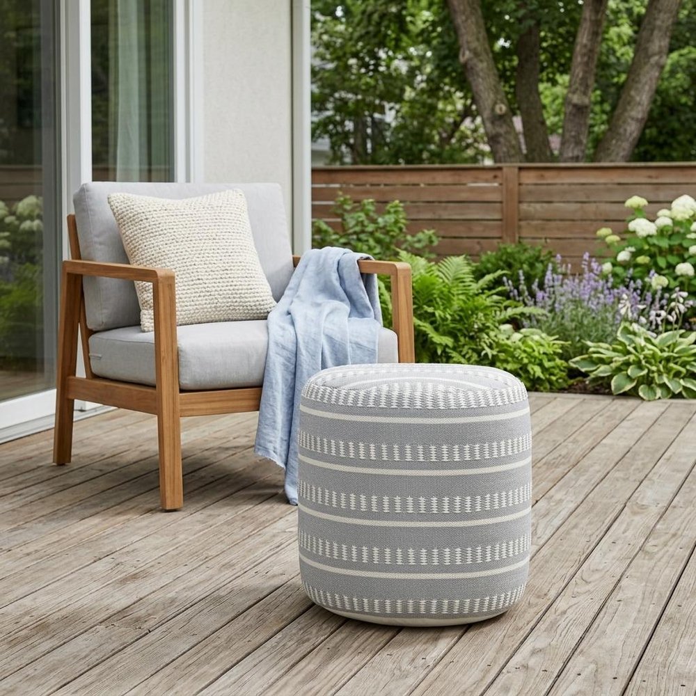 20" Round Striped Outdoor Pouf Ottoman