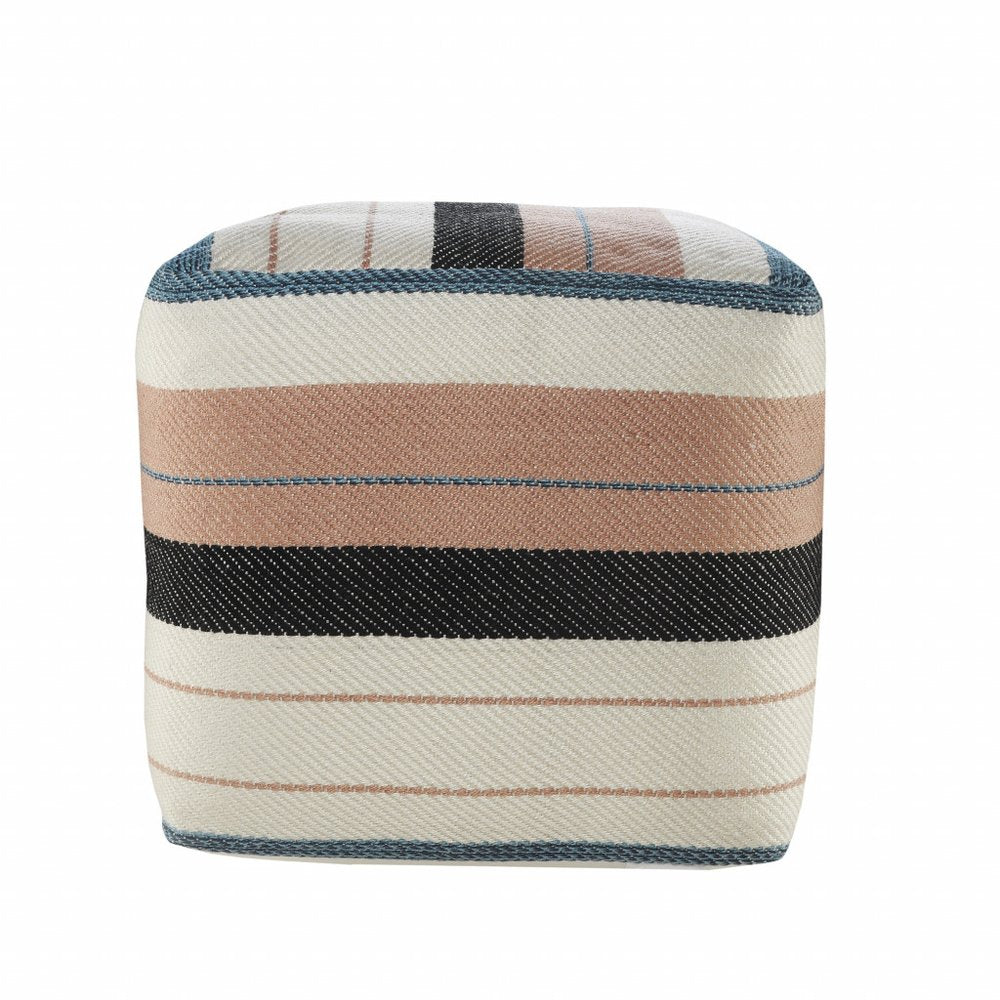 20" White Striped Outdoor Square Pouf Ottoman