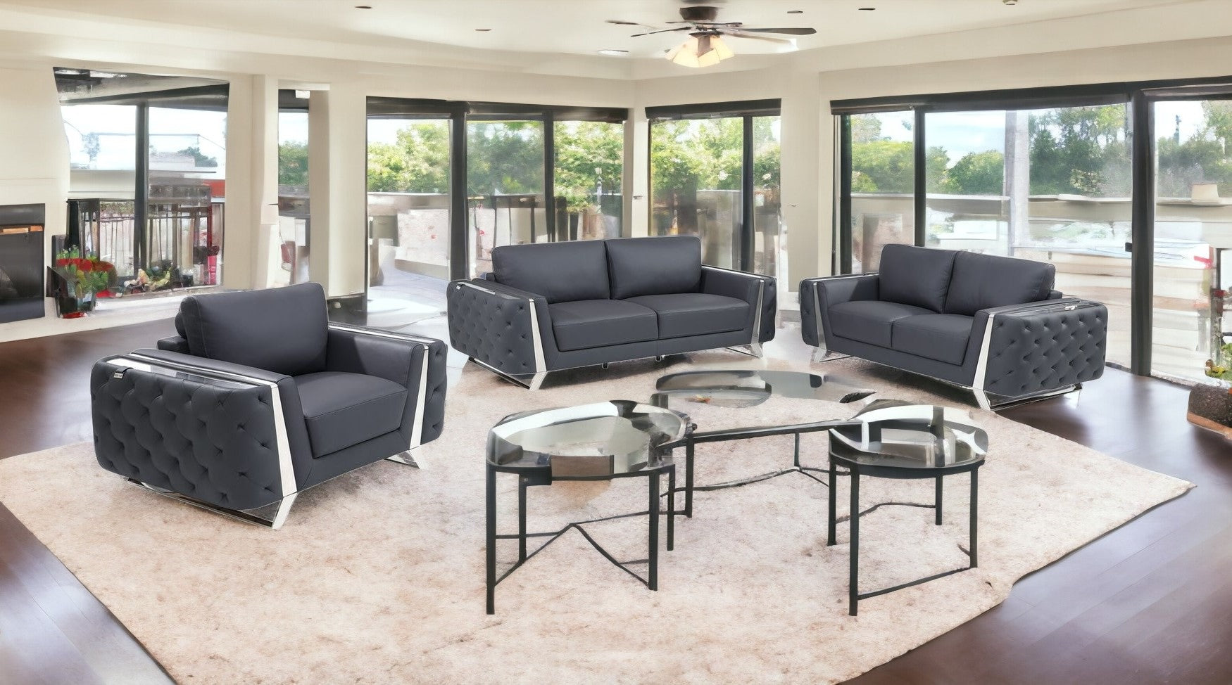3 Piece Tufted Top-Grain Leather 6-Seat Set