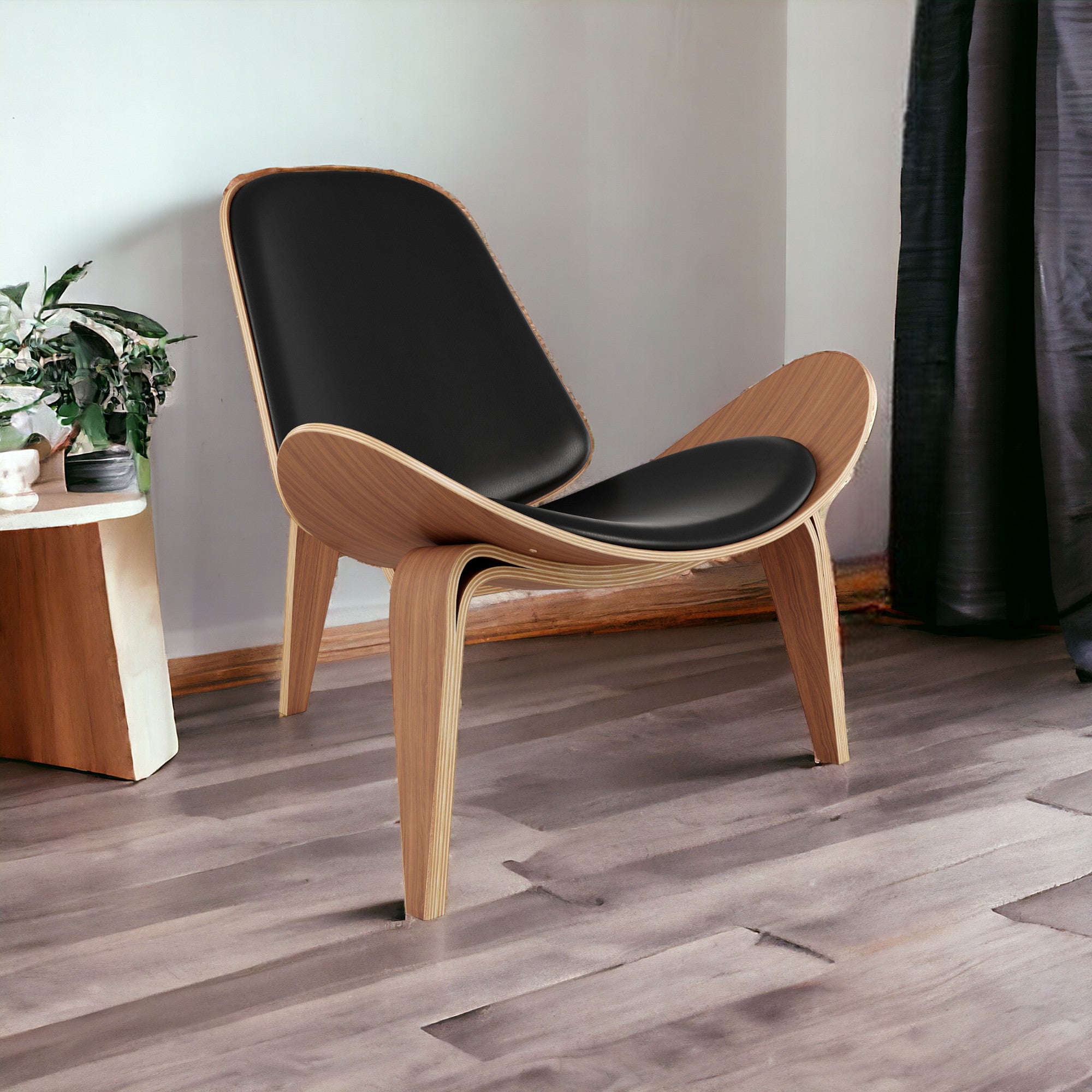 36" Wood Brown Faux Leather Saddle Chair
