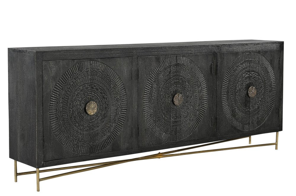 95" Black Distressed Wood Rings Sideboard