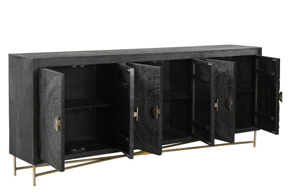 95" Black Distressed Wood Rings Sideboard