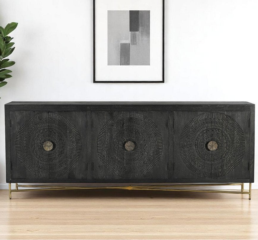 95" Black Distressed Wood Rings Sideboard