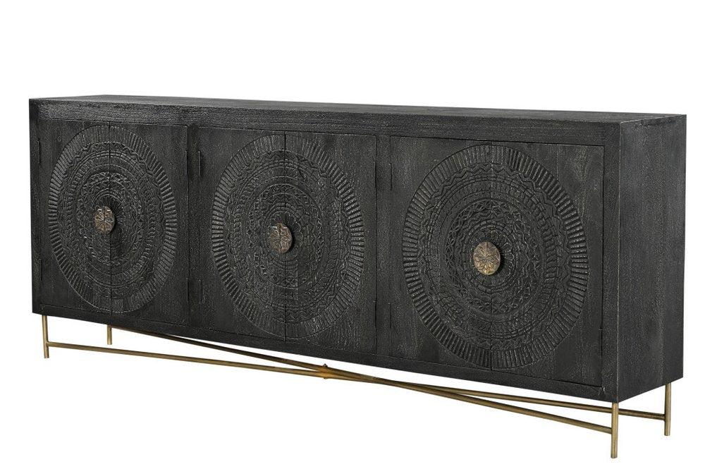 95" Black Distressed Wood Rings Sideboard