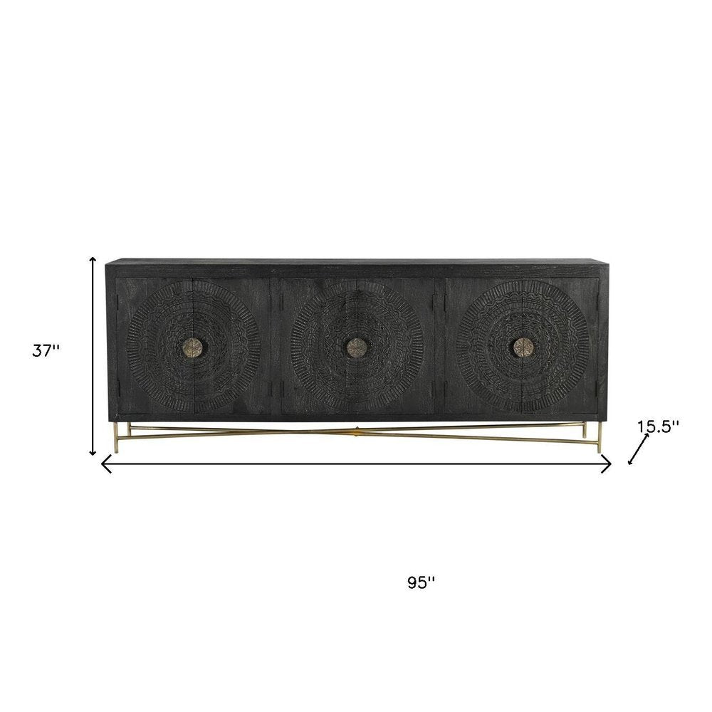 95" Black Distressed Wood Rings Sideboard