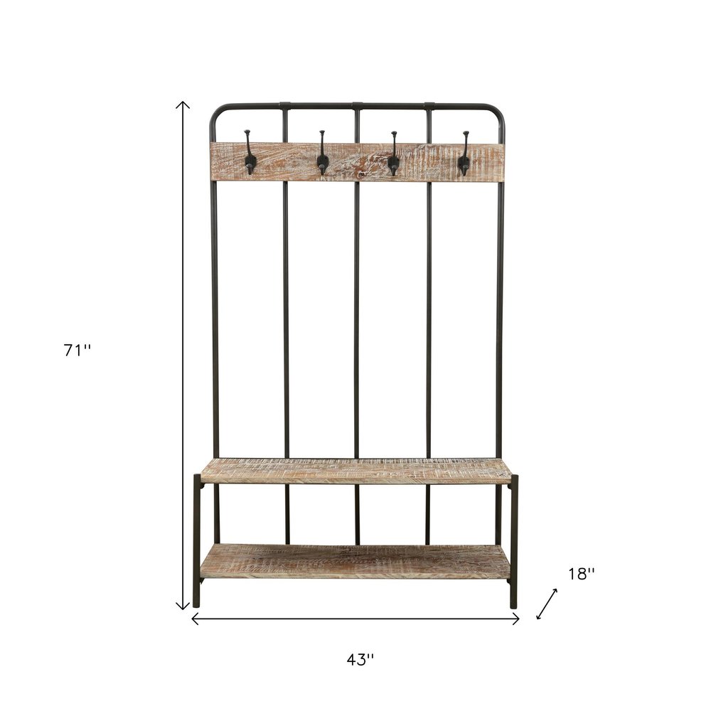 71" Black and Brown Metal Four Hook Coat Rack