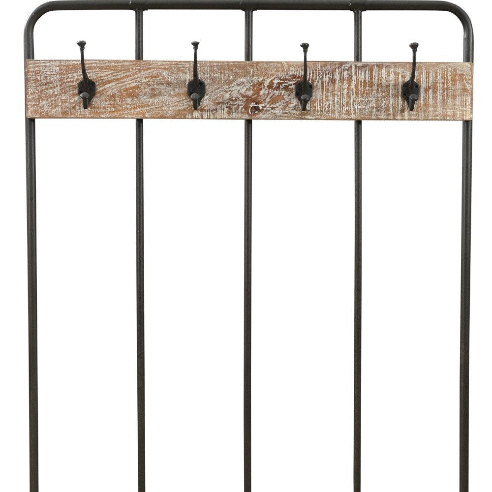 71" Black and Brown Metal Four Hook Coat Rack