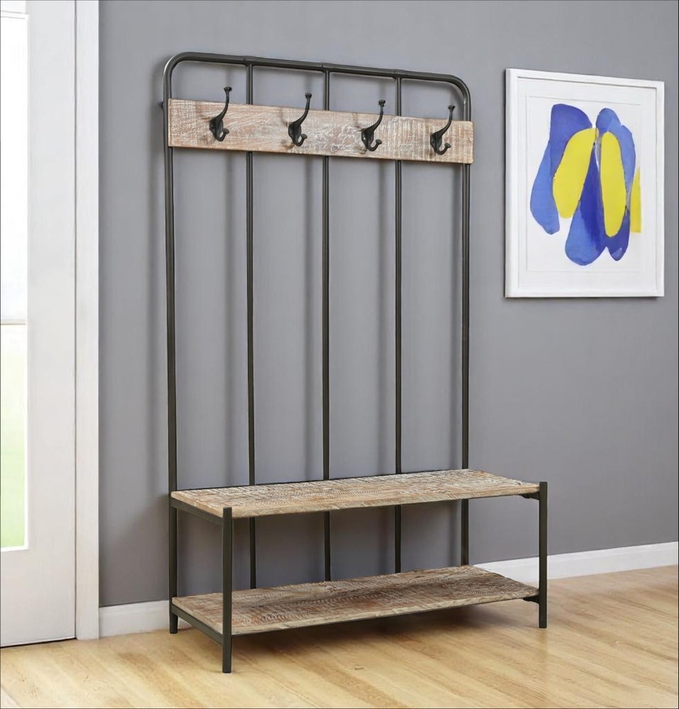 71" Black and Brown Metal Four Hook Coat Rack