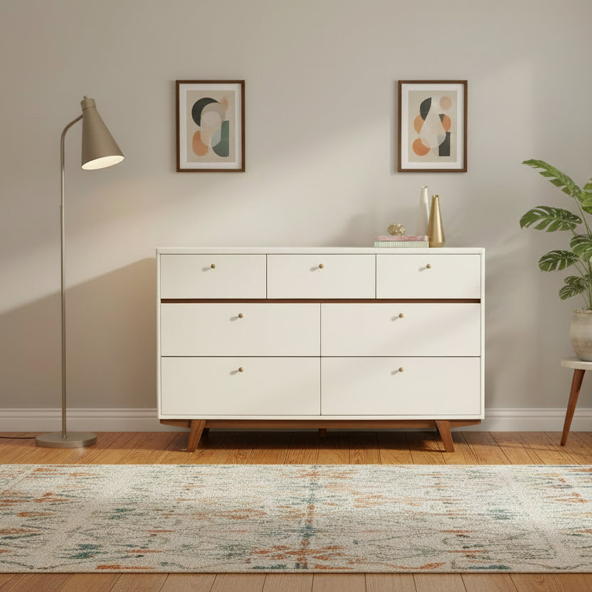 56" Brown and White Mid-Century 7 Drawer Dresser