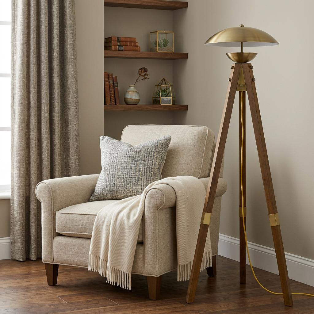 55" Brass Tripod Floor Lamp with Shade