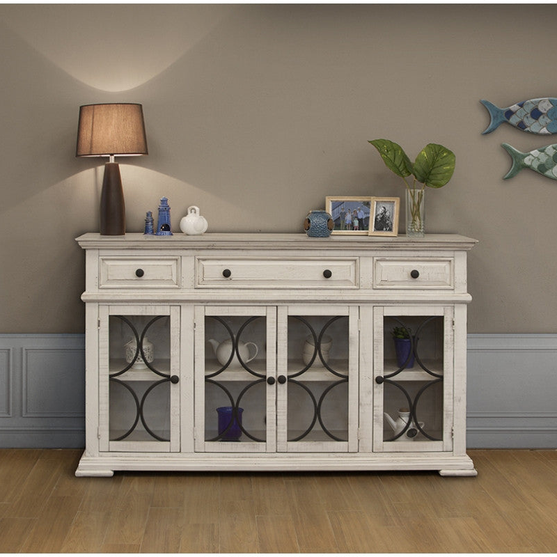 74" 4 Drawer Ivory Distressed Wood Credenza