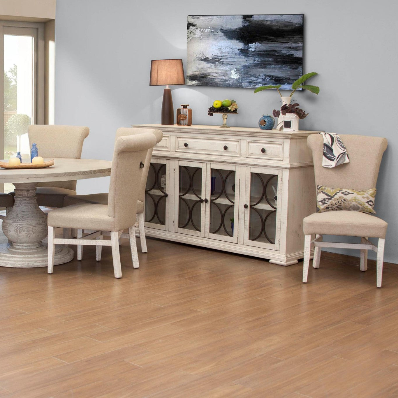 74" 4 Drawer Ivory Distressed Wood Credenza