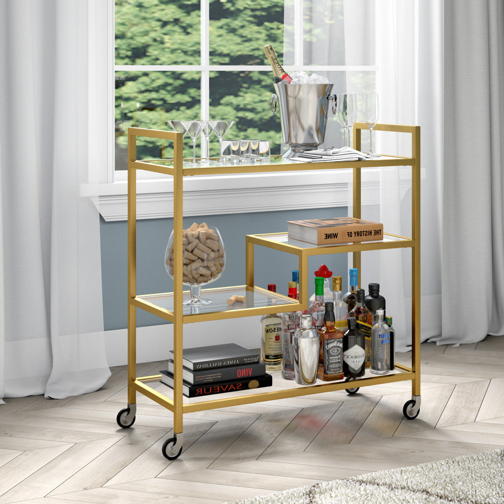 30" Brass Metal Jagged Platform Bar Cart