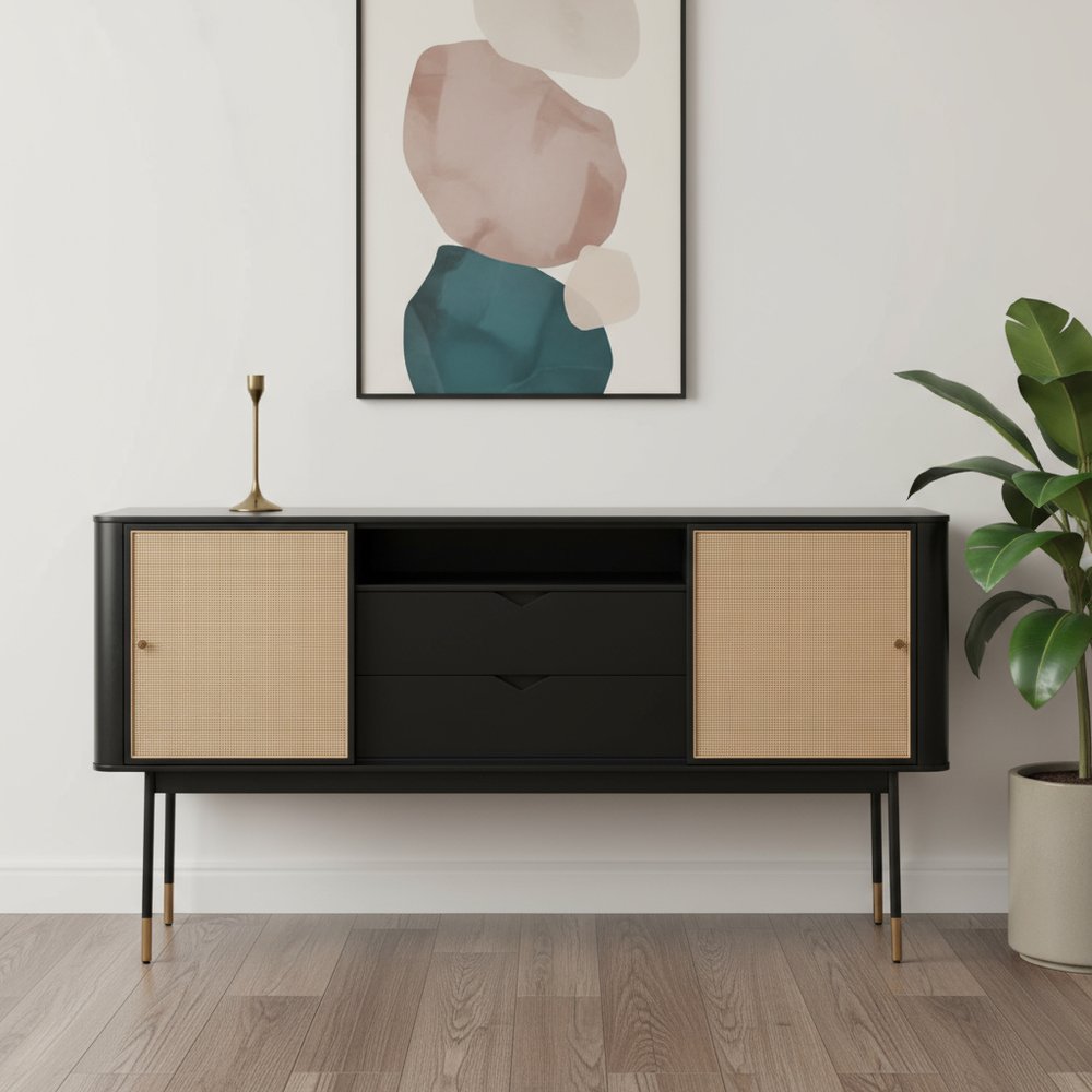 59" Black Wood and Rattan Sliding Doors Sideboard