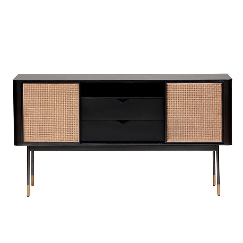 59" Black Wood and Rattan Sliding Doors Sideboard