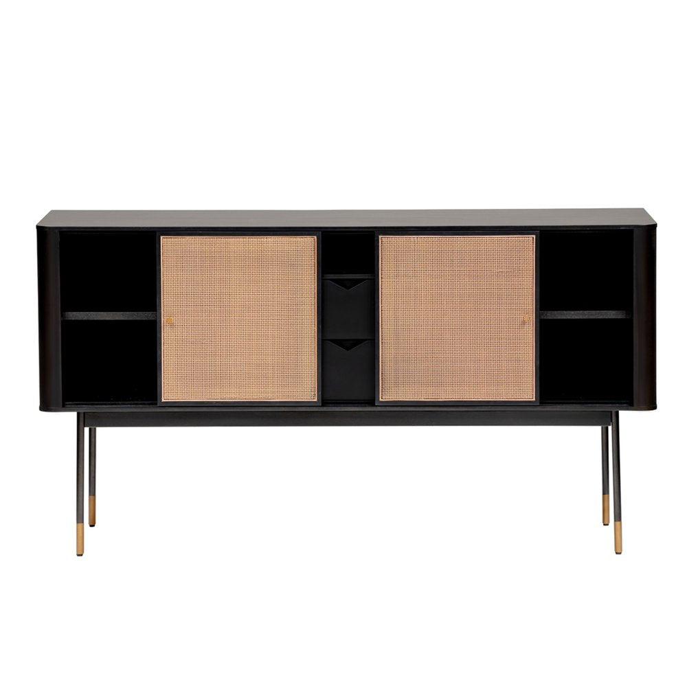 59" Black Wood and Rattan Sliding Doors Sideboard