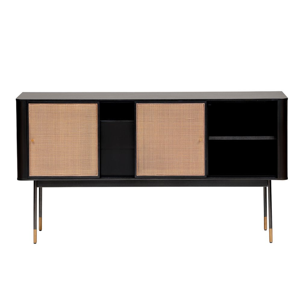 59" Black Wood and Rattan Sliding Doors Sideboard