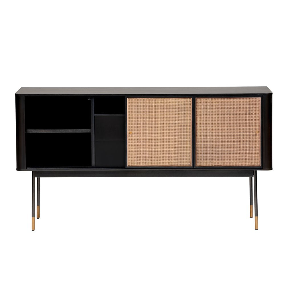 59" Black Wood and Rattan Sliding Doors Sideboard