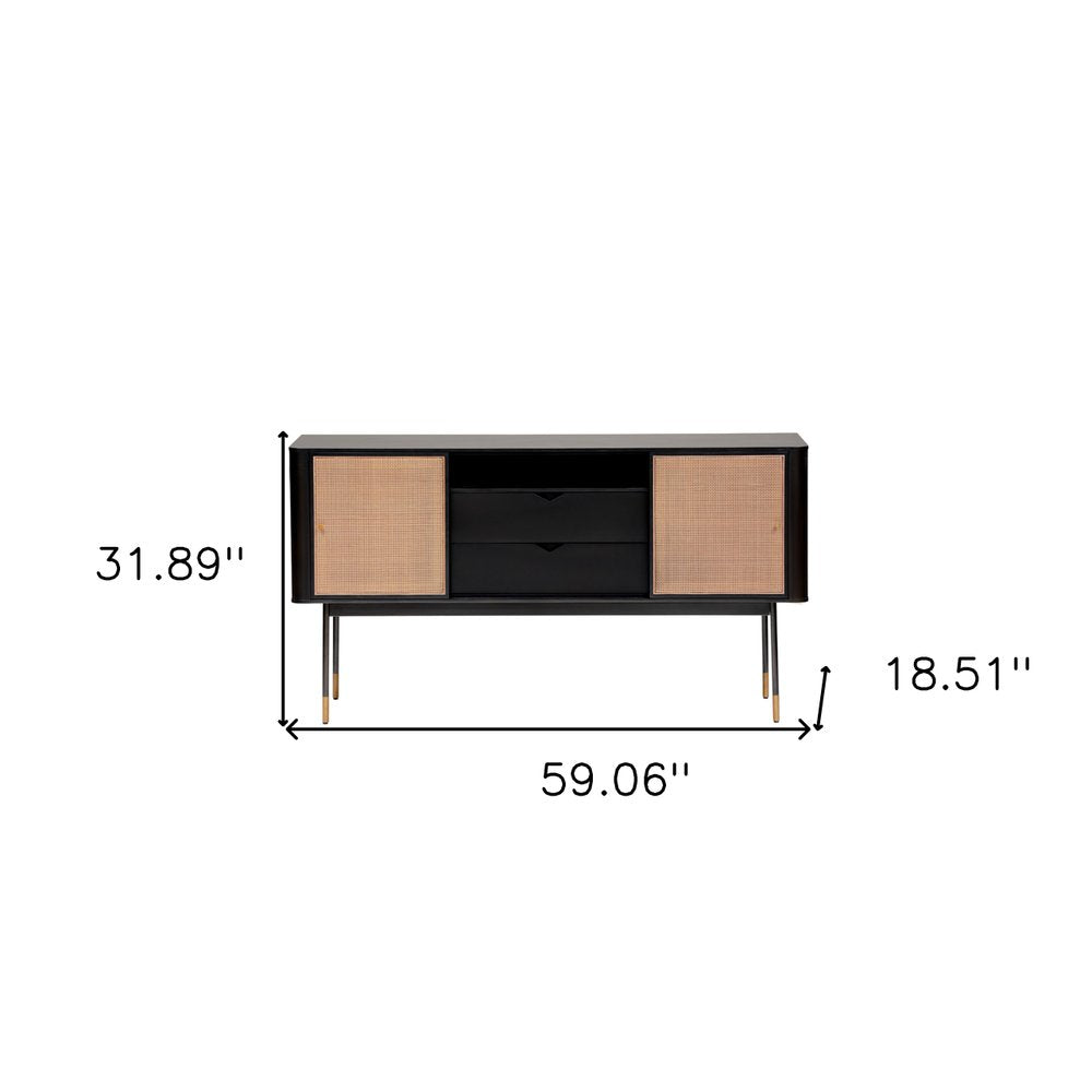 59" Black Wood and Rattan Sliding Doors Sideboard