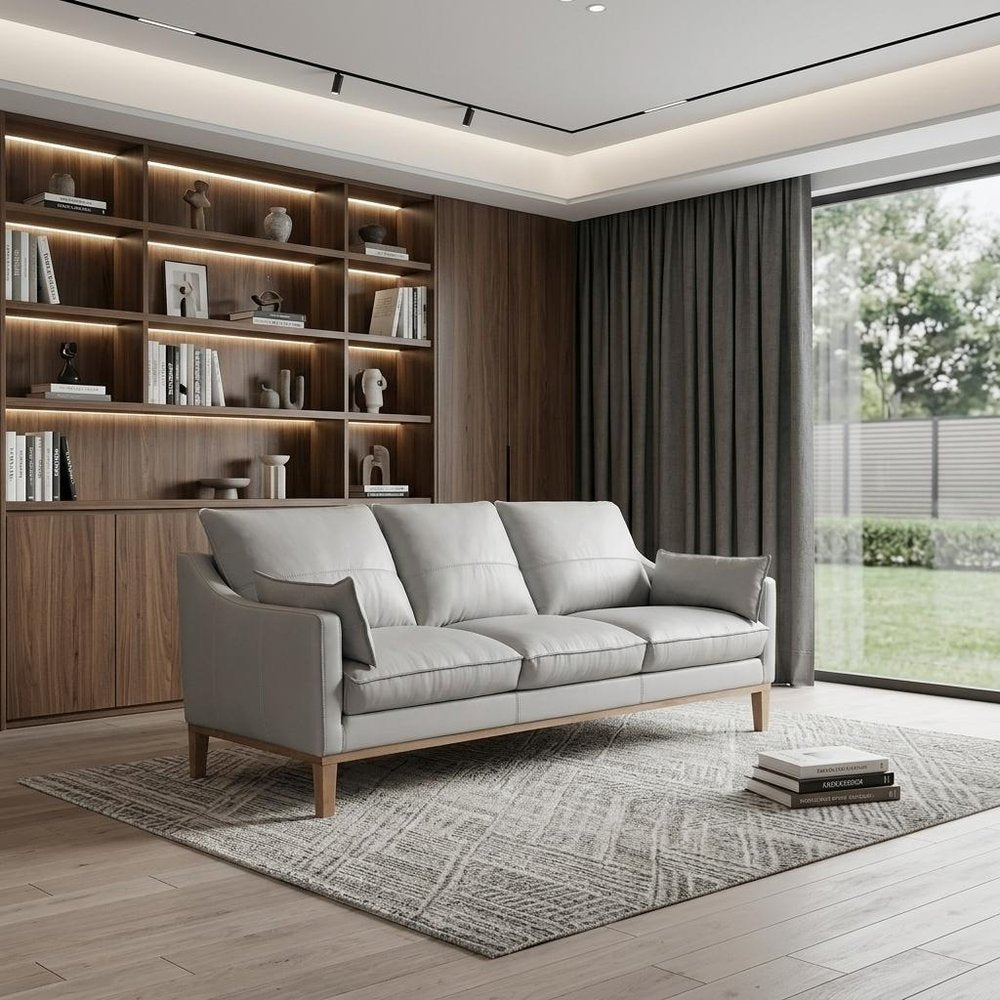87" Leather Slope Arm Sofa with Toss Pillows