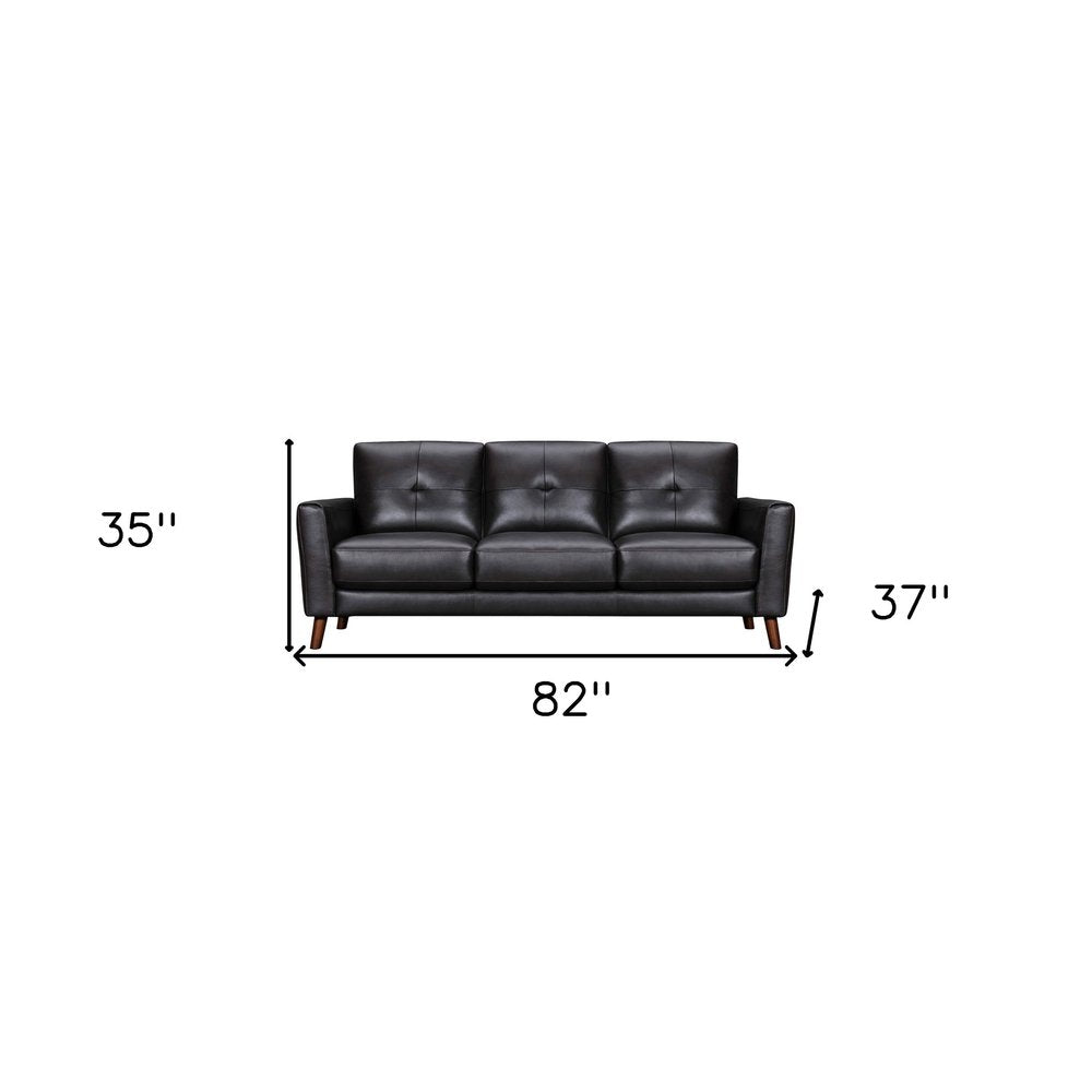 82" Black Blind Tuft Leather Sofa