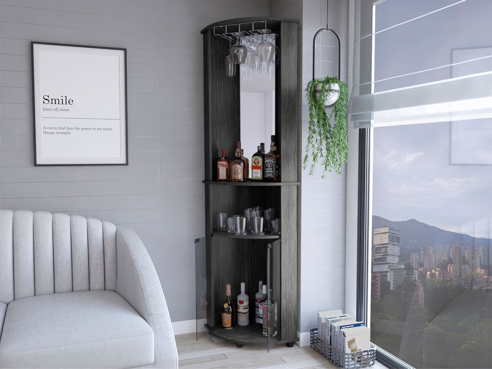 75" Charcoal Ribbed Wood Corner Bar Cabinet