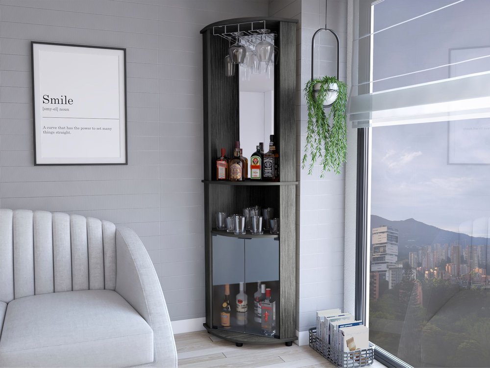 75" Charcoal Ribbed Wood Corner Bar Cabinet