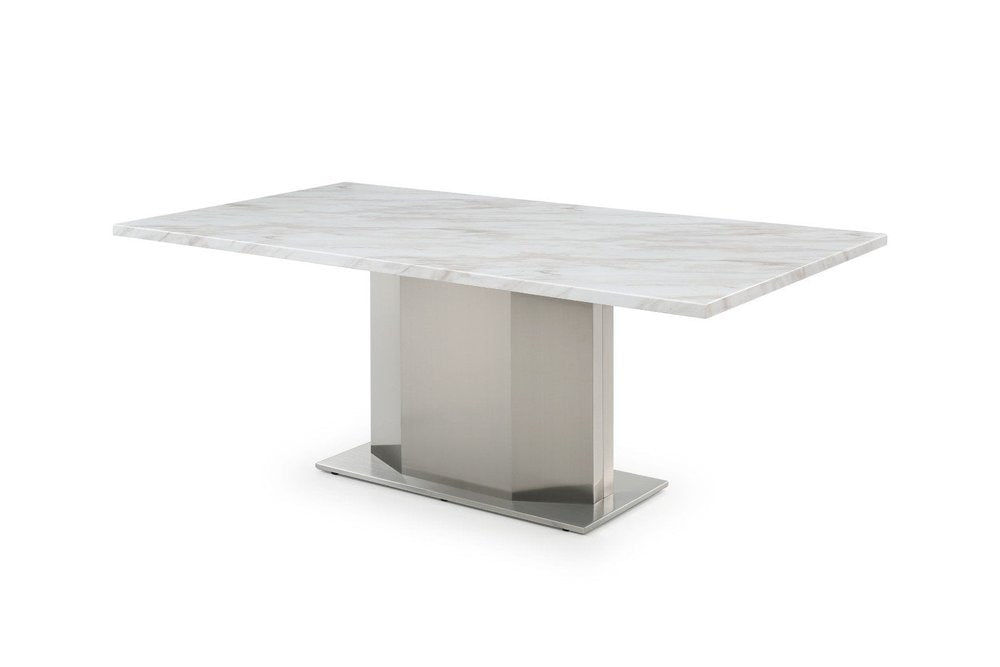 79" Gray, White, and Silver Marble and Steel Pedestal Dining Table