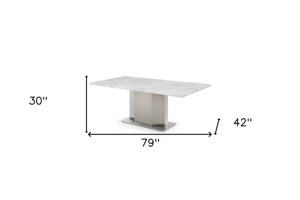 79" Gray, White, and Silver Marble and Steel Pedestal Dining Table