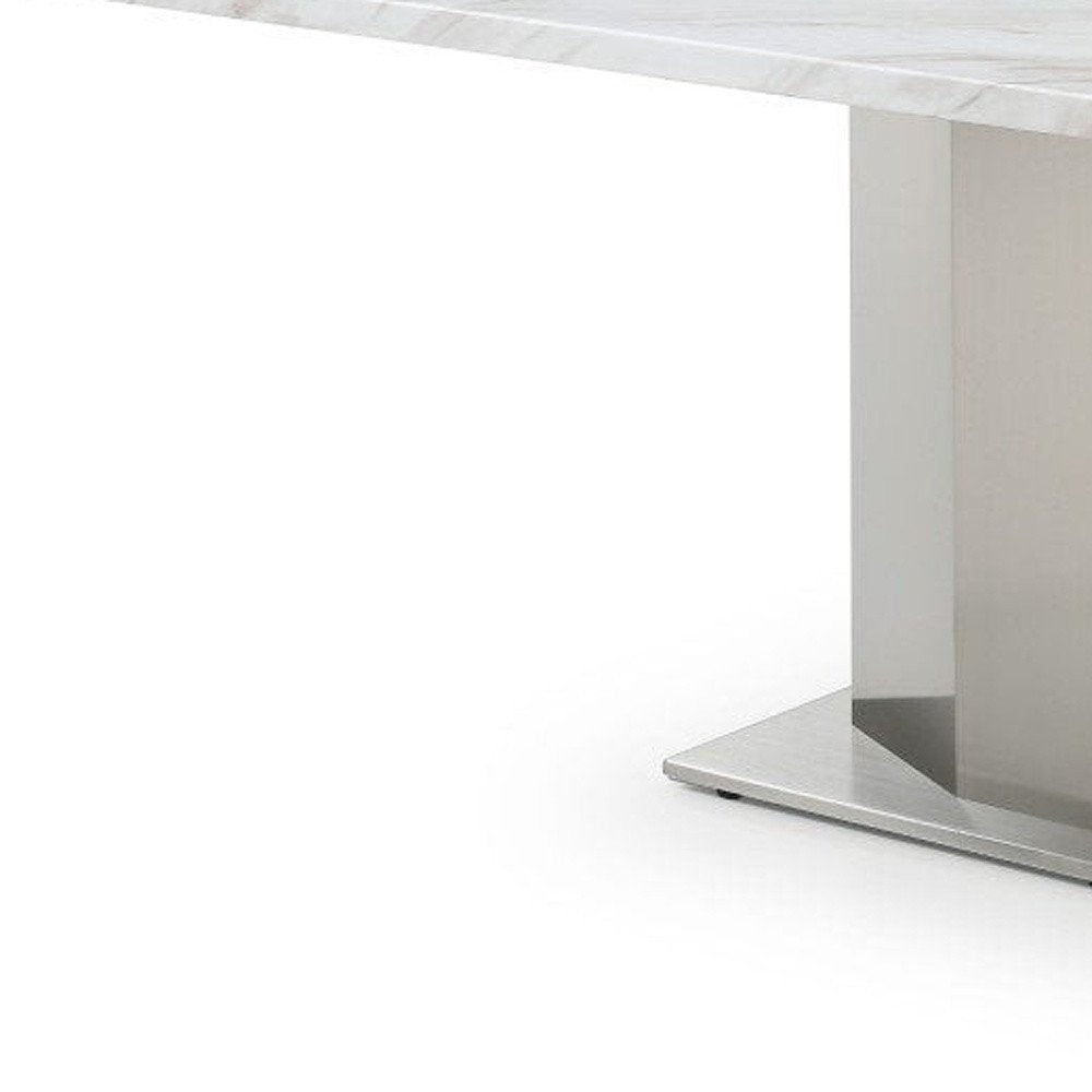 79" Gray, White, and Silver Marble and Steel Pedestal Dining Table