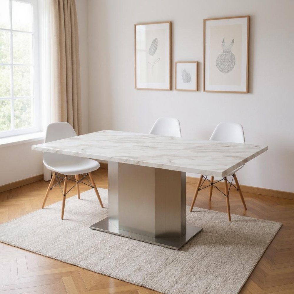 79" Gray, White, and Silver Marble and Steel Pedestal Dining Table
