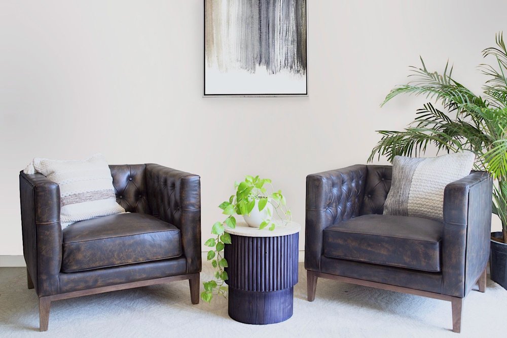 33" Brown and Black Antiqued Tufted Leather Tuxedo Club Chair