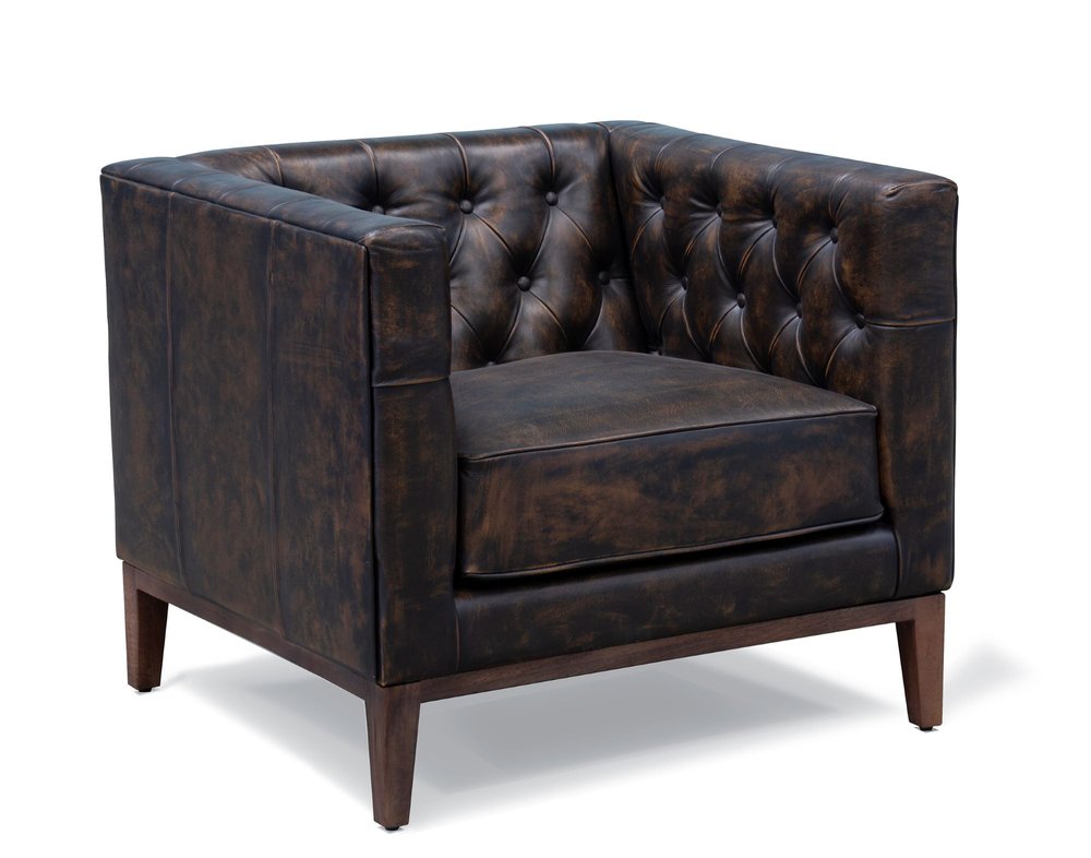 33" Brown and Black Antiqued Tufted Leather Tuxedo Club Chair