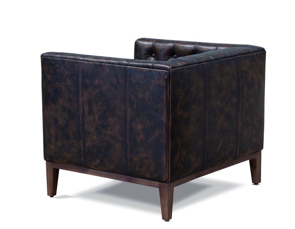 33" Brown and Black Antiqued Tufted Leather Tuxedo Club Chair