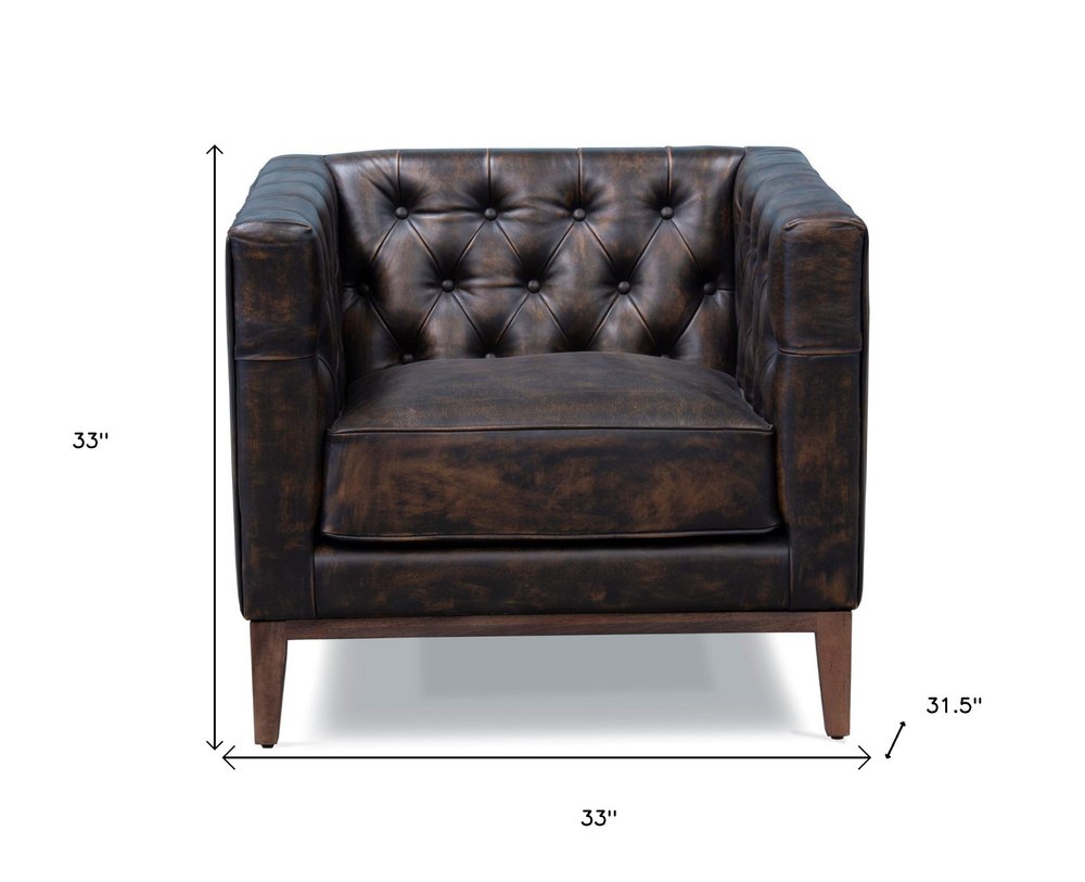 33" Brown and Black Antiqued Tufted Leather Tuxedo Club Chair