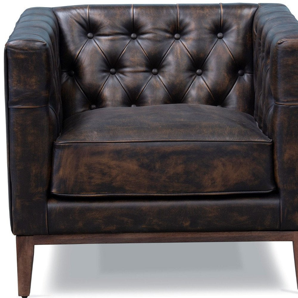 33" Brown and Black Antiqued Tufted Leather Tuxedo Club Chair