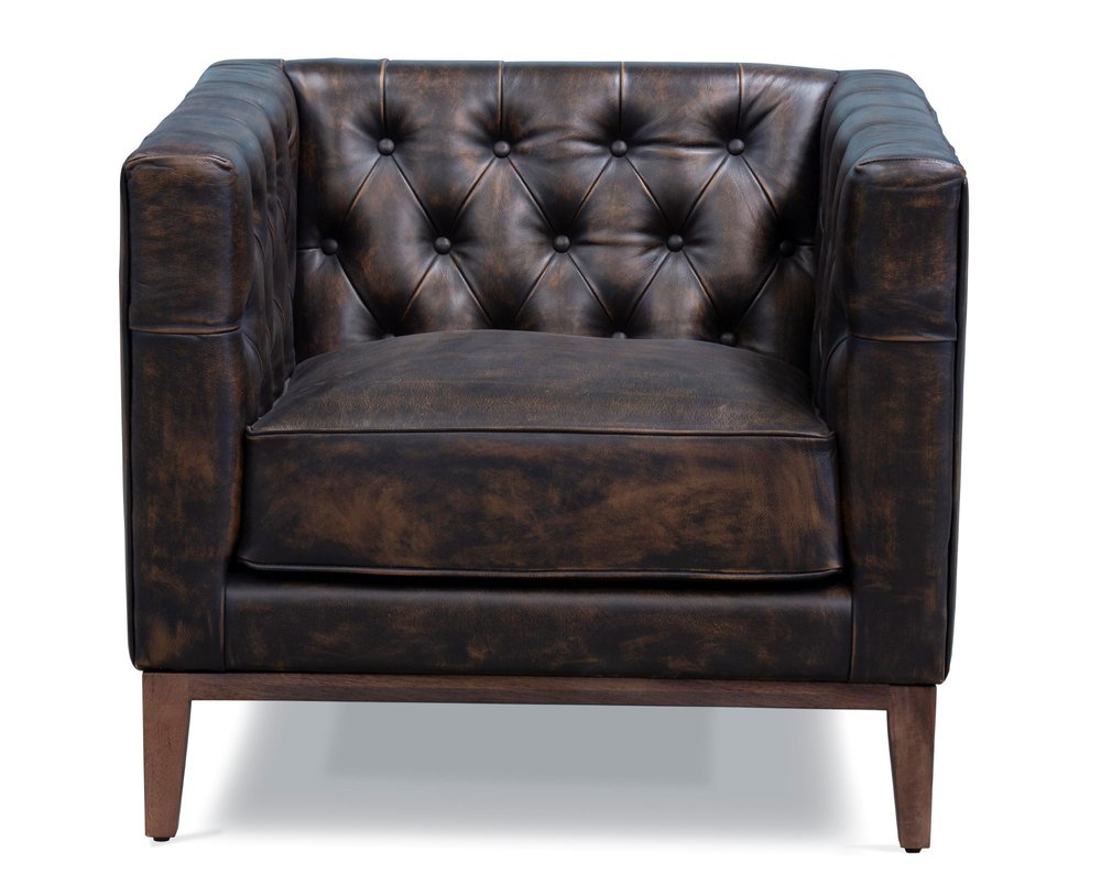 33" Brown and Black Antiqued Tufted Leather Tuxedo Club Chair