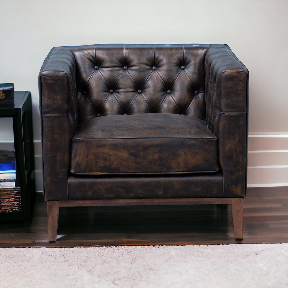 33" Brown and Black Antiqued Tufted Leather Tuxedo Club Chair