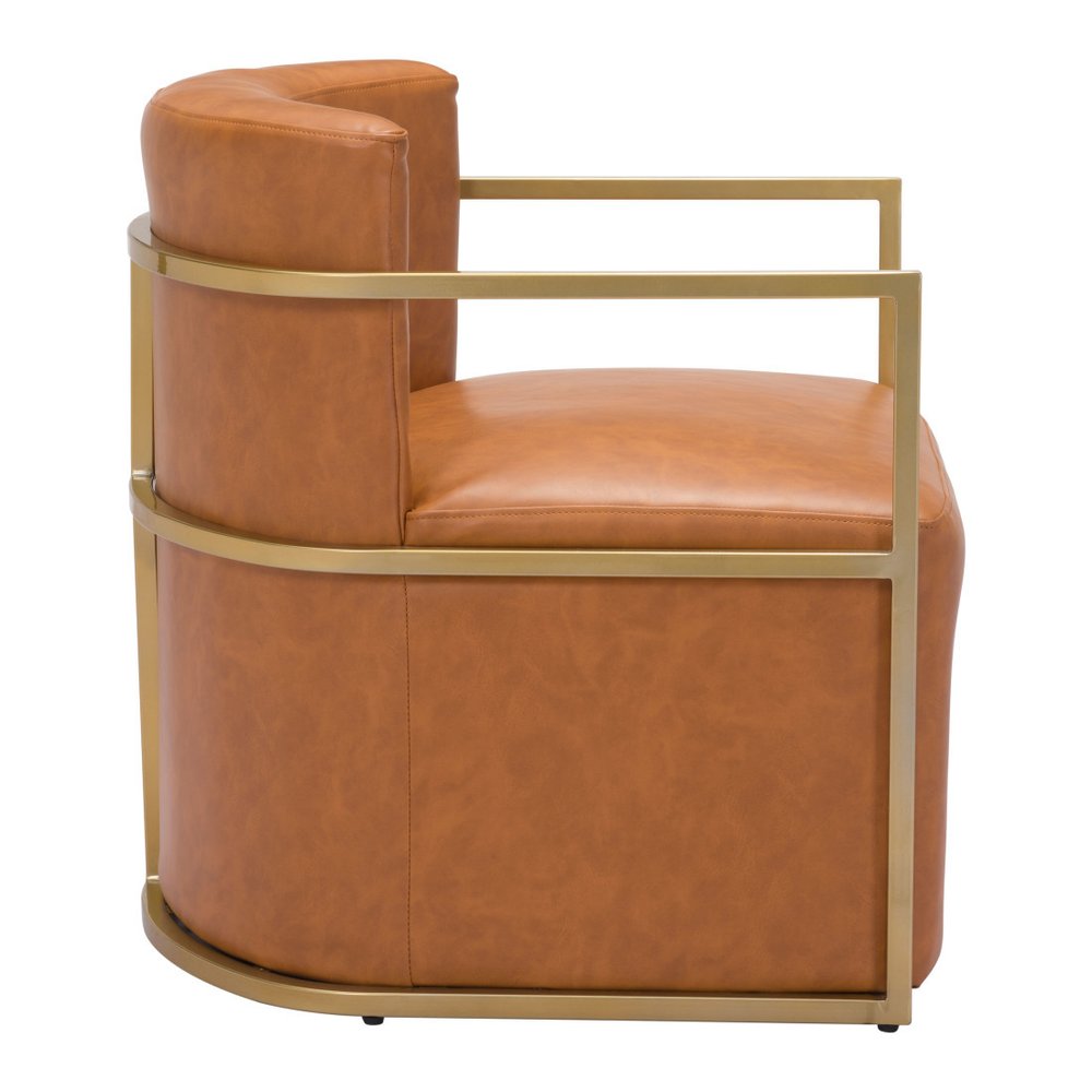 27" Brown and Gold Faux Leather Curved Accent Chair