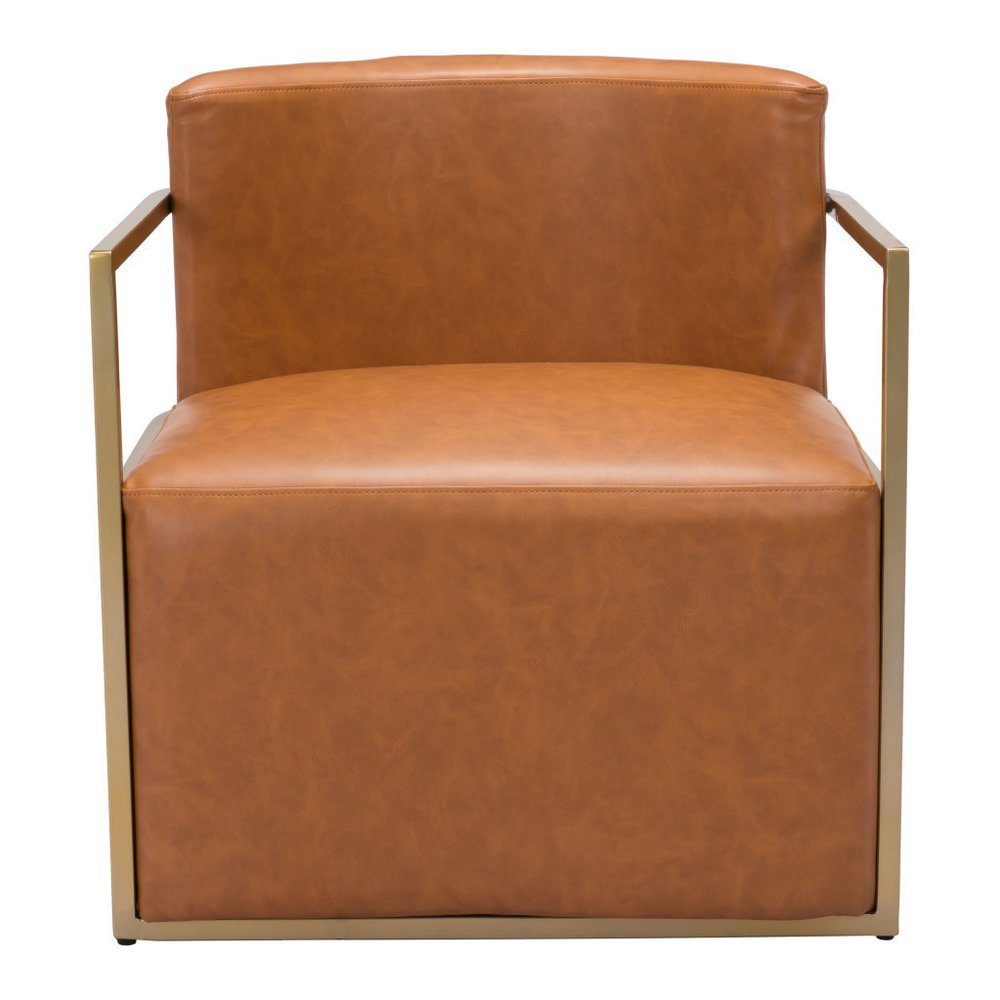 27" Brown and Gold Faux Leather Curved Accent Chair