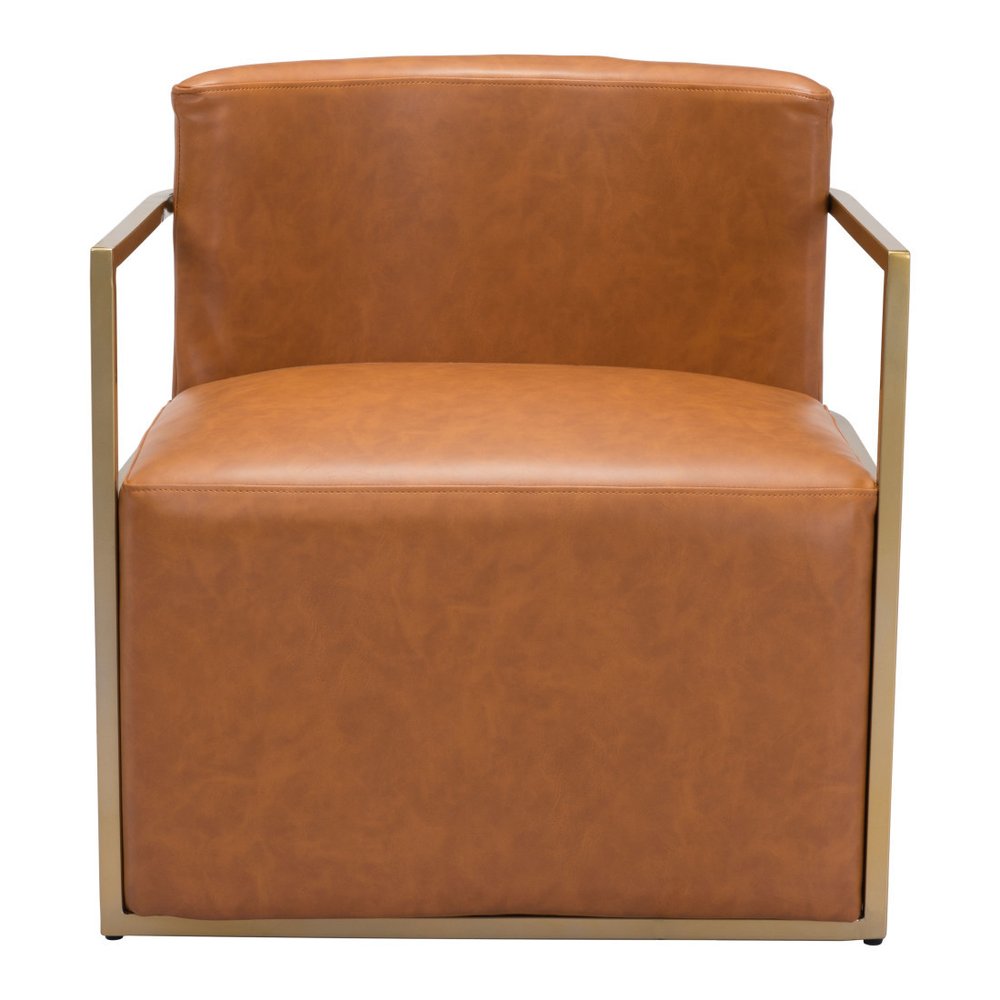 27" Brown and Gold Faux Leather Curved Accent Chair
