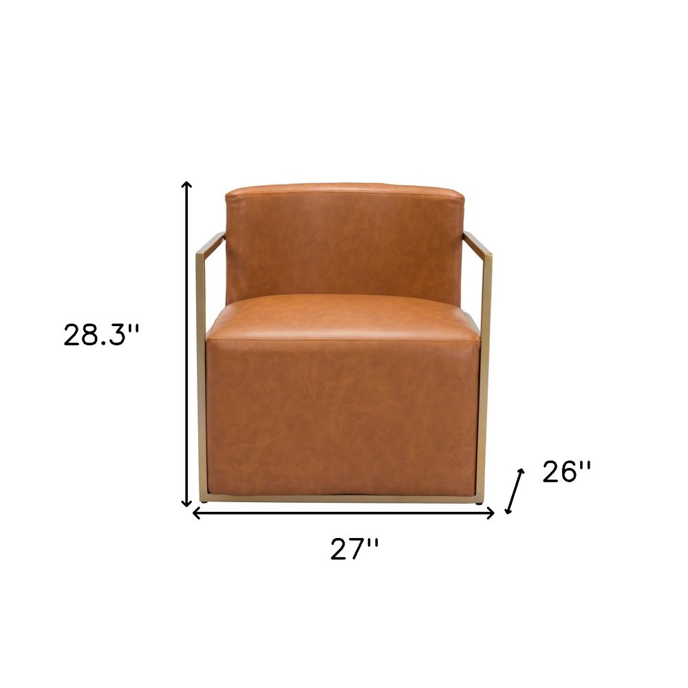 27" Brown and Gold Faux Leather Curved Accent Chair