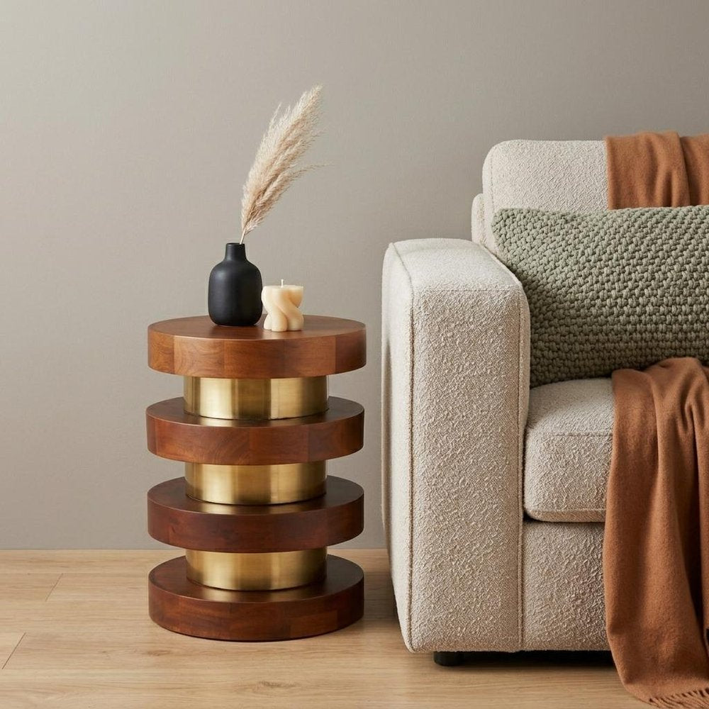 20" Brown and Gold Piston Pedestal End Table