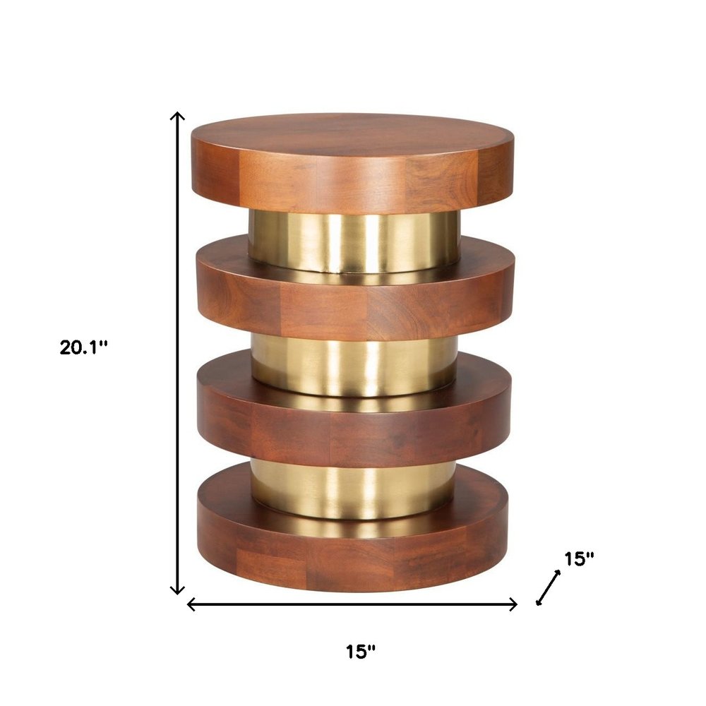 20" Brown and Gold Piston Pedestal End Table