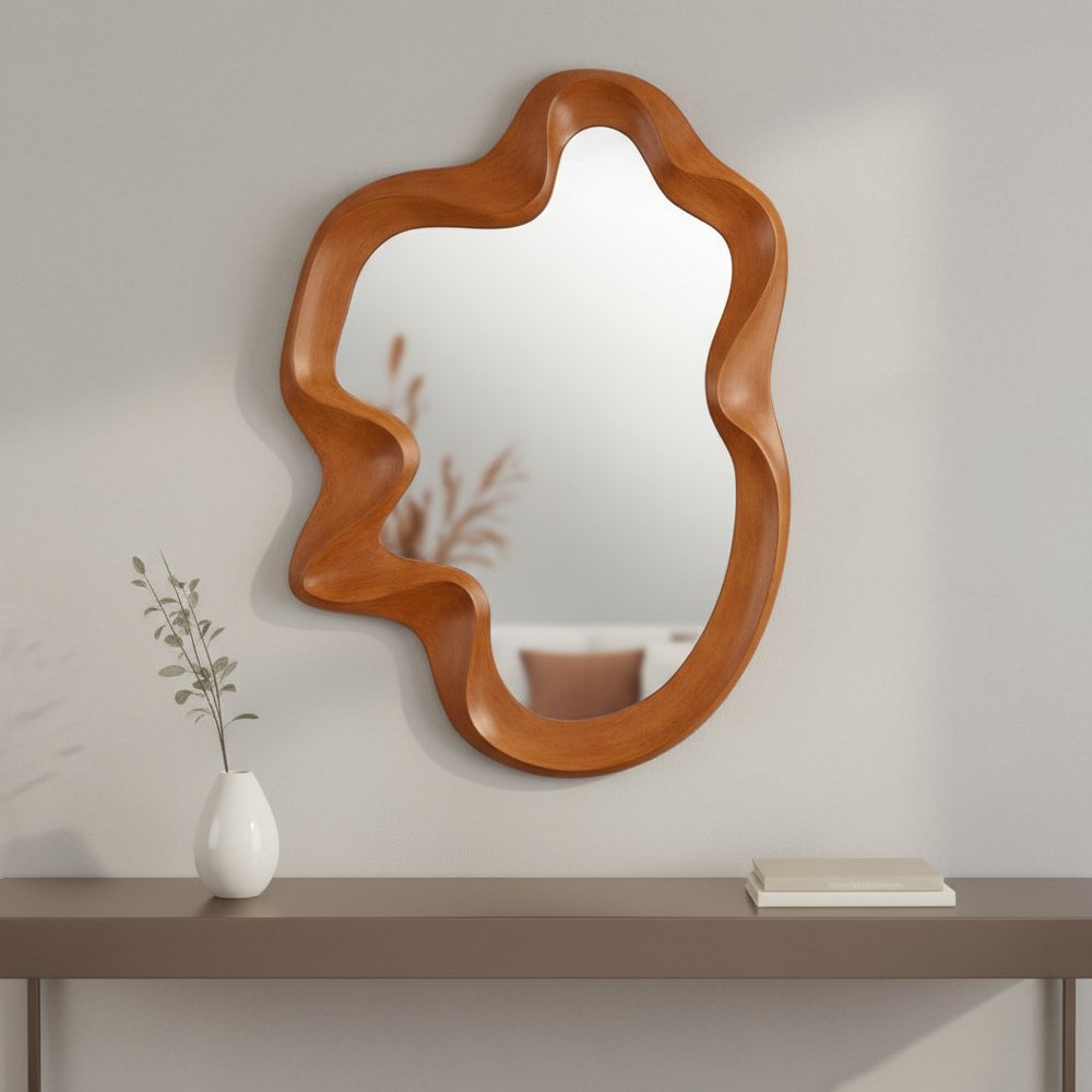 35" Brown Abstract Wood Mirror
