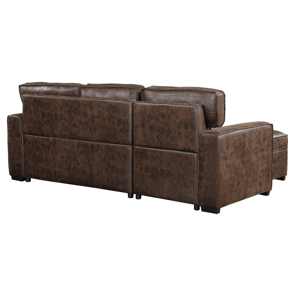 92" Brown Faux Leather Sleeper Sofa with Chaise